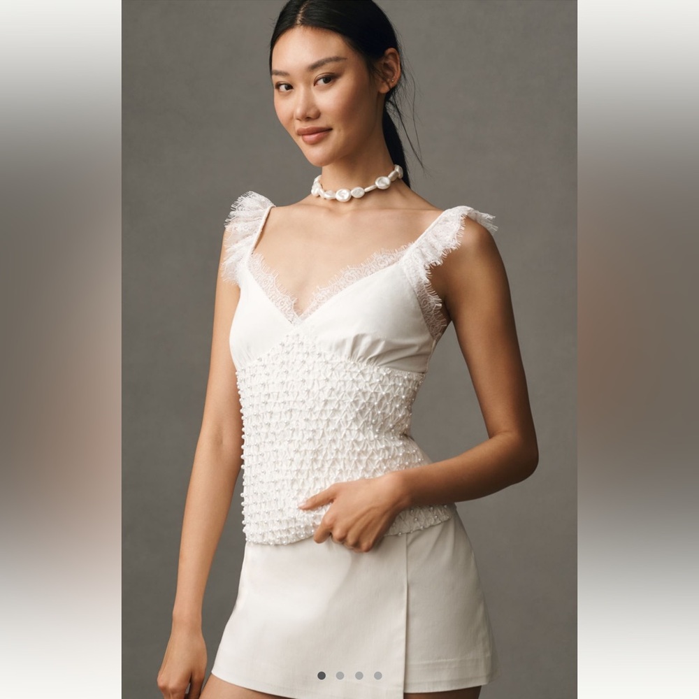 Anthropologie NWT SZ M gorgeous Pearl embellished ruched tank w/lace straps